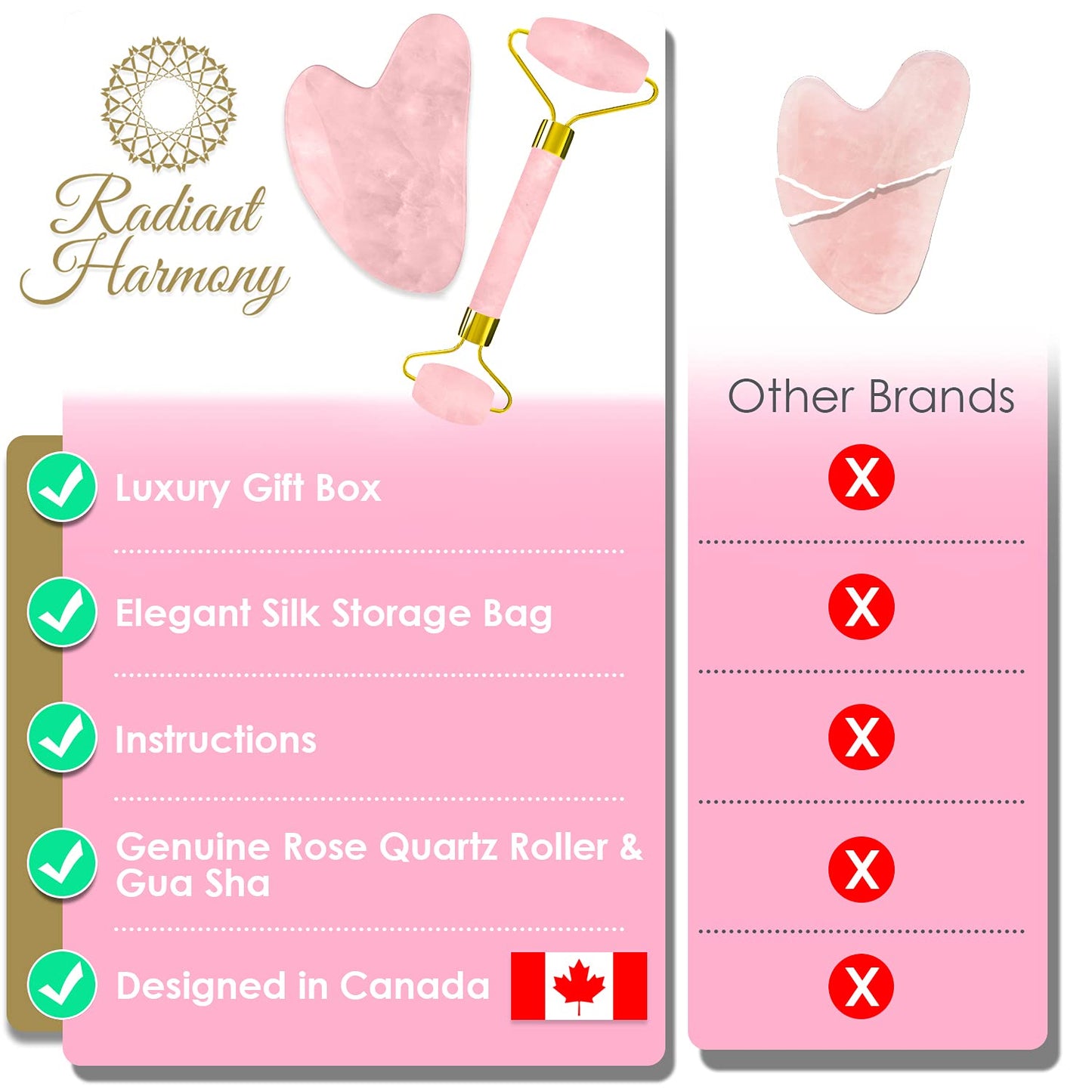 Face Roller & Gua Sha Set - Rose Quartz Gua Sha Massage Tool as Face Massager - Jade Roller for Face as Skin Care Tools - Easy to Use Gua Sha Facial Tools - Arrives in a Luxury Box