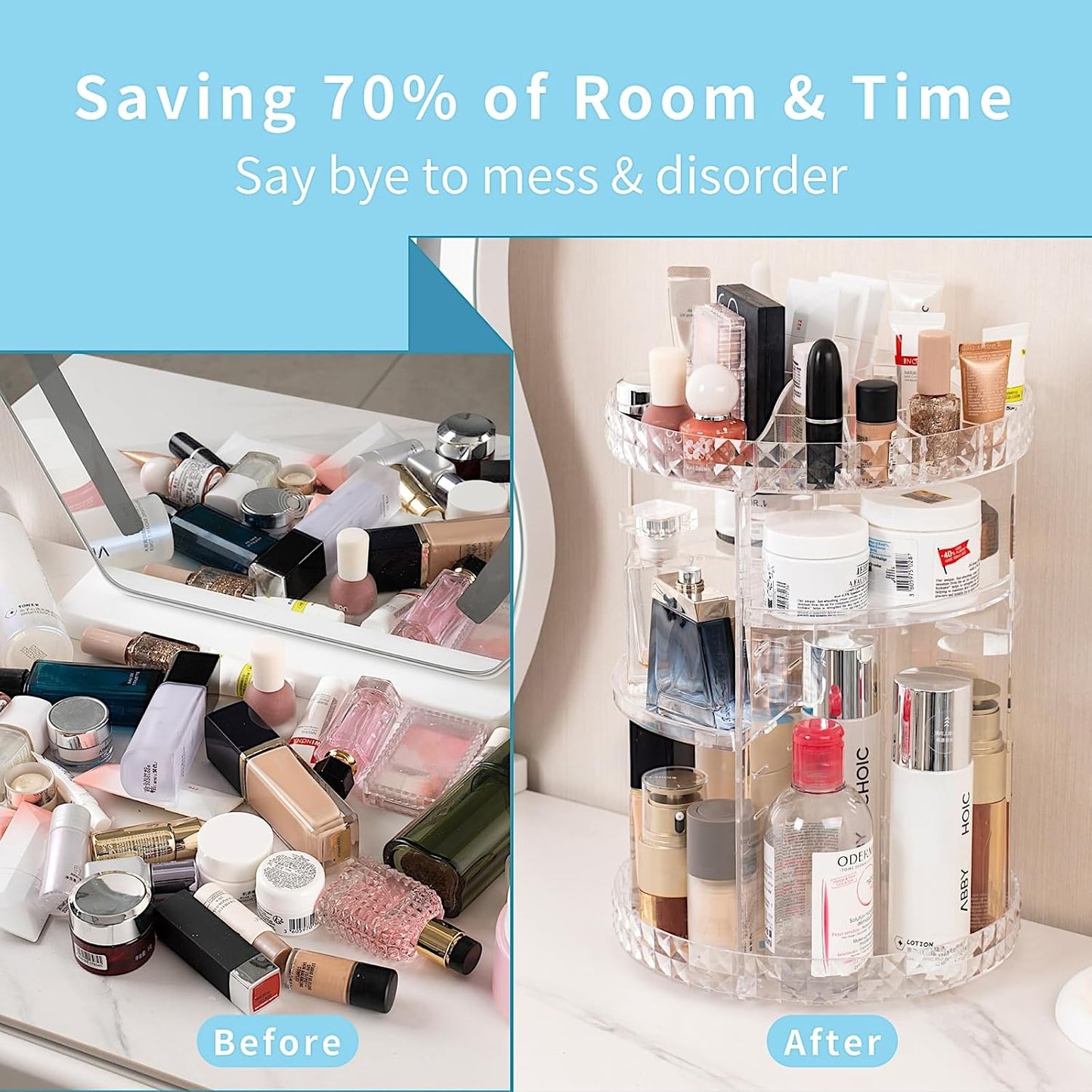 360 Rotating Makeup Organizer Perfume Organizer Clear Cosmetic Storage Display Case Large Capacity Acrylic Beauty Holder Adjustable Partition Height for Bedroom Dresser or Bathroom Vanity