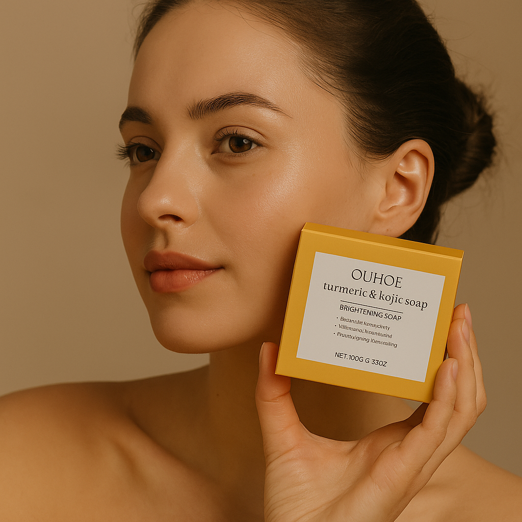 Natural Cleansing Skin Soap with lemon, turmeric, kojic acid, licorice, and glycerin.