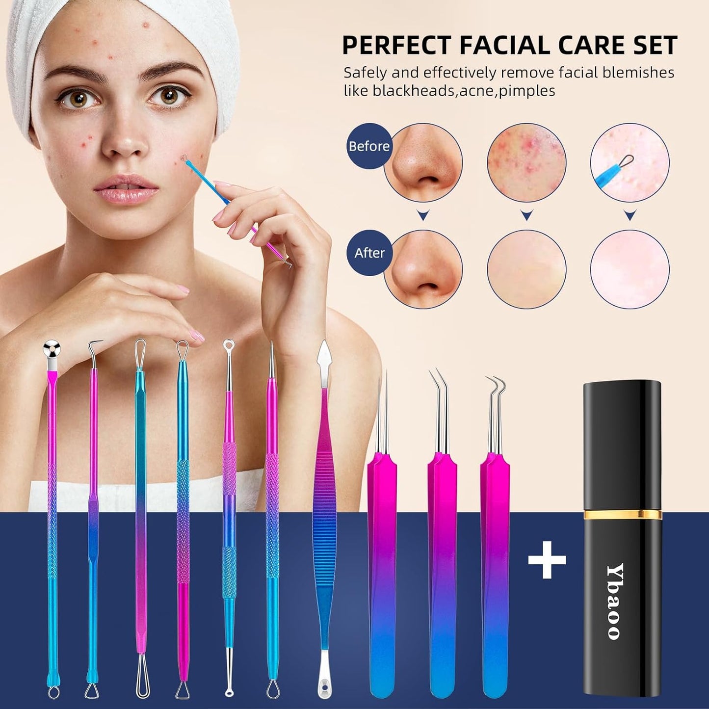 Pimple Popper Tool Kit - 10 Pcs Blackhead Remover Comedone Extractor Kit with Metal Case for Quick and Easy Removal of Blackheads, Zit Removing, Facial and Nose(Colorful)