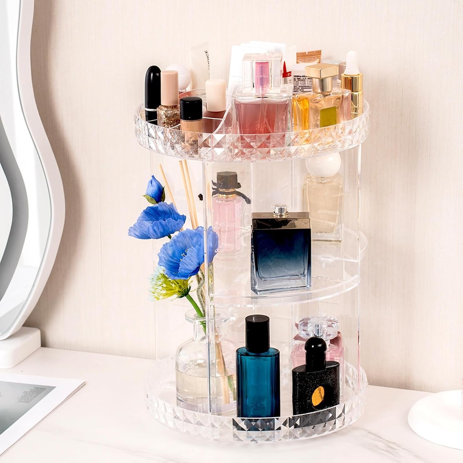 360 Rotating Makeup Organizer Perfume Organizer Clear Cosmetic Storage Display Case Large Capacity Acrylic Beauty Holder Adjustable Partition Height for Bedroom Dresser or Bathroom Vanity