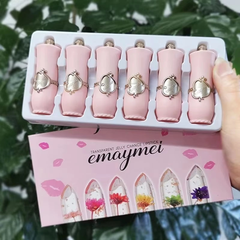 Make up 6Pcs Lipstick Set Flower Jelly Crystal Clear Long Lasting Lips Color Change Pink Lip Gloss Cosmetics