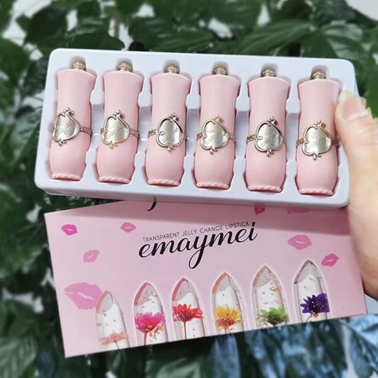 Make up 6Pcs Lipstick Set Flower Jelly Crystal Clear Long Lasting Lips Color Change Pink Lip Gloss Cosmetics