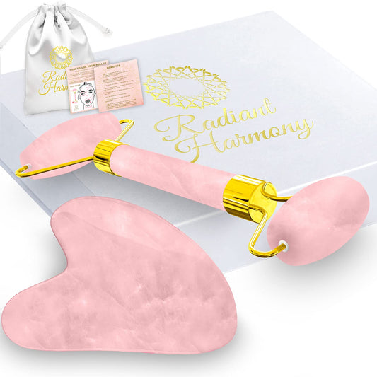 Face Roller & Gua Sha Set - Rose Quartz Gua Sha Massage Tool as Face Massager - Jade Roller for Face as Skin Care Tools - Easy to Use Gua Sha Facial Tools - Arrives in a Luxury Box