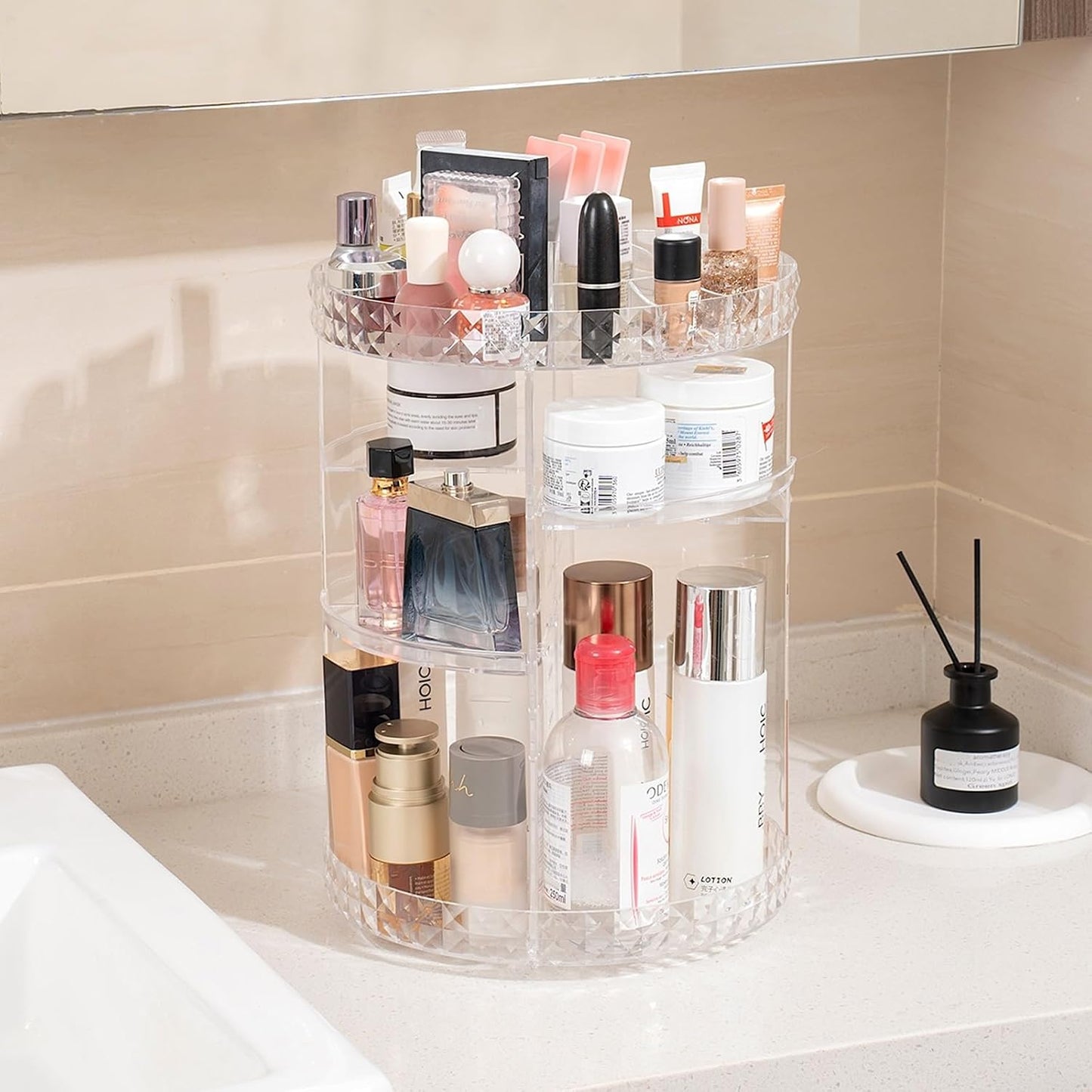 360 Rotating Makeup Organizer Perfume Organizer Clear Cosmetic Storage Display Case Large Capacity Acrylic Beauty Holder Adjustable Partition Height for Bedroom Dresser or Bathroom Vanity