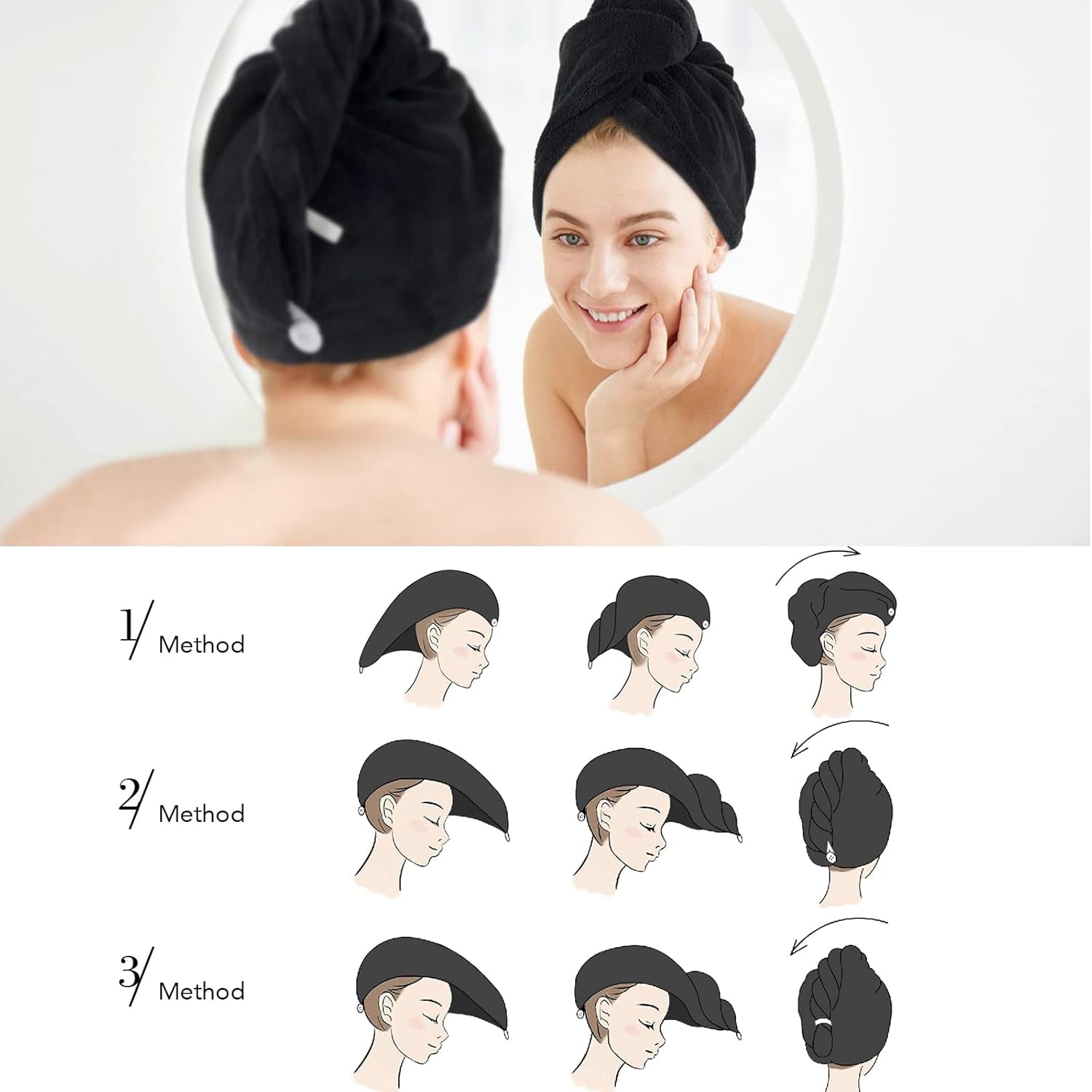 Microfiber Hair Drying Cap Hair Towel Turban Twist for Women Fast Drying Towels Head Turban Absorbent Soft Lightweight 3 Pack Black
