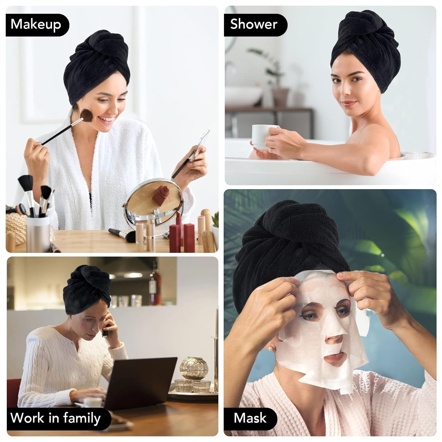 Microfiber Hair Drying Cap Hair Towel Turban Twist for Women Fast Drying Towels Head Turban Absorbent Soft Lightweight 3 Pack Black