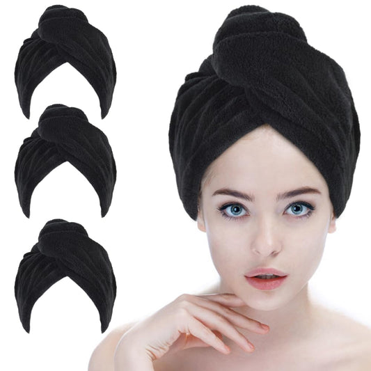 Microfiber Hair Drying Cap Hair Towel Turban Twist for Women Fast Drying Towels Head Turban Absorbent Soft Lightweight 3 Pack Black