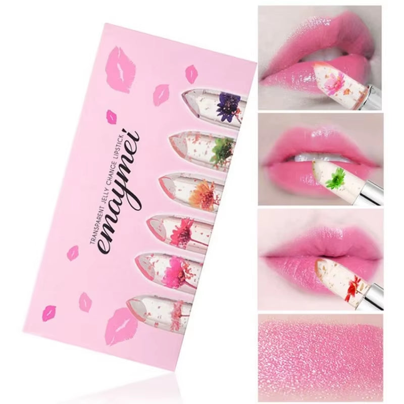 Make up 6Pcs Lipstick Set Flower Jelly Crystal Clear Long Lasting Lips Color Change Pink Lip Gloss Cosmetics