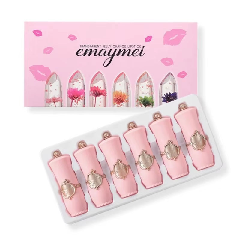 Make up 6Pcs Lipstick Set Flower Jelly Crystal Clear Long Lasting Lips Color Change Pink Lip Gloss Cosmetics