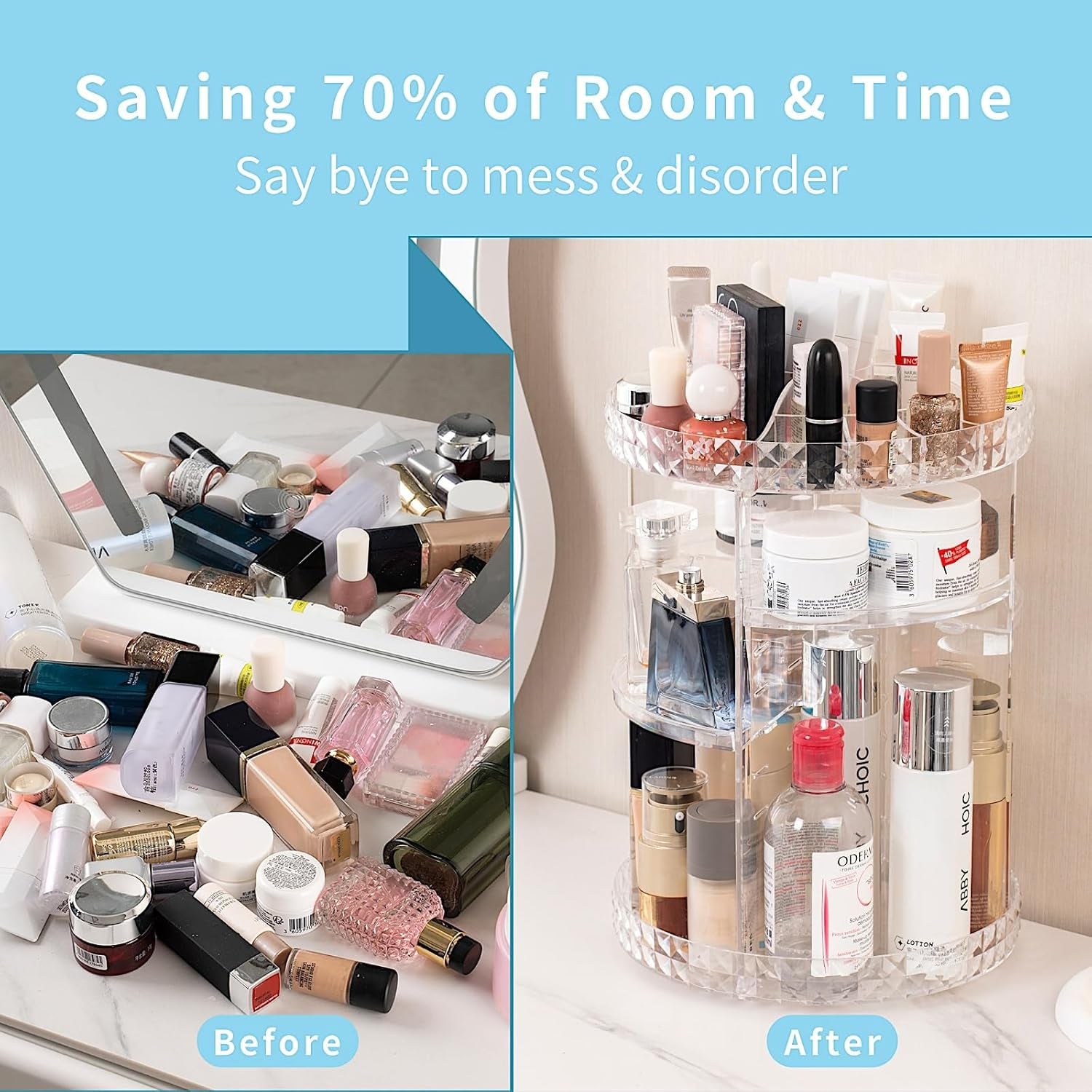 360 Rotating Makeup Organizer Perfume Organizer Clear Cosmetic Storage Display Case Large Capacity Acrylic Beauty Holder Adjustable Partition Height for Bedroom Dresser or Bathroom Vanity