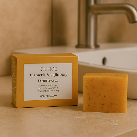 Natural Cleansing Skin Soap with lemon, turmeric, kojic acid, licorice, and glycerin.