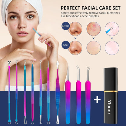Pimple Popper Tool Kit -  10 Pcs Blackhead Remover Comedone Extractor Kit with Metal Case for Quick and Easy Removal of Blackheads, Zit Removing, Facial and Nose(Colorful)
