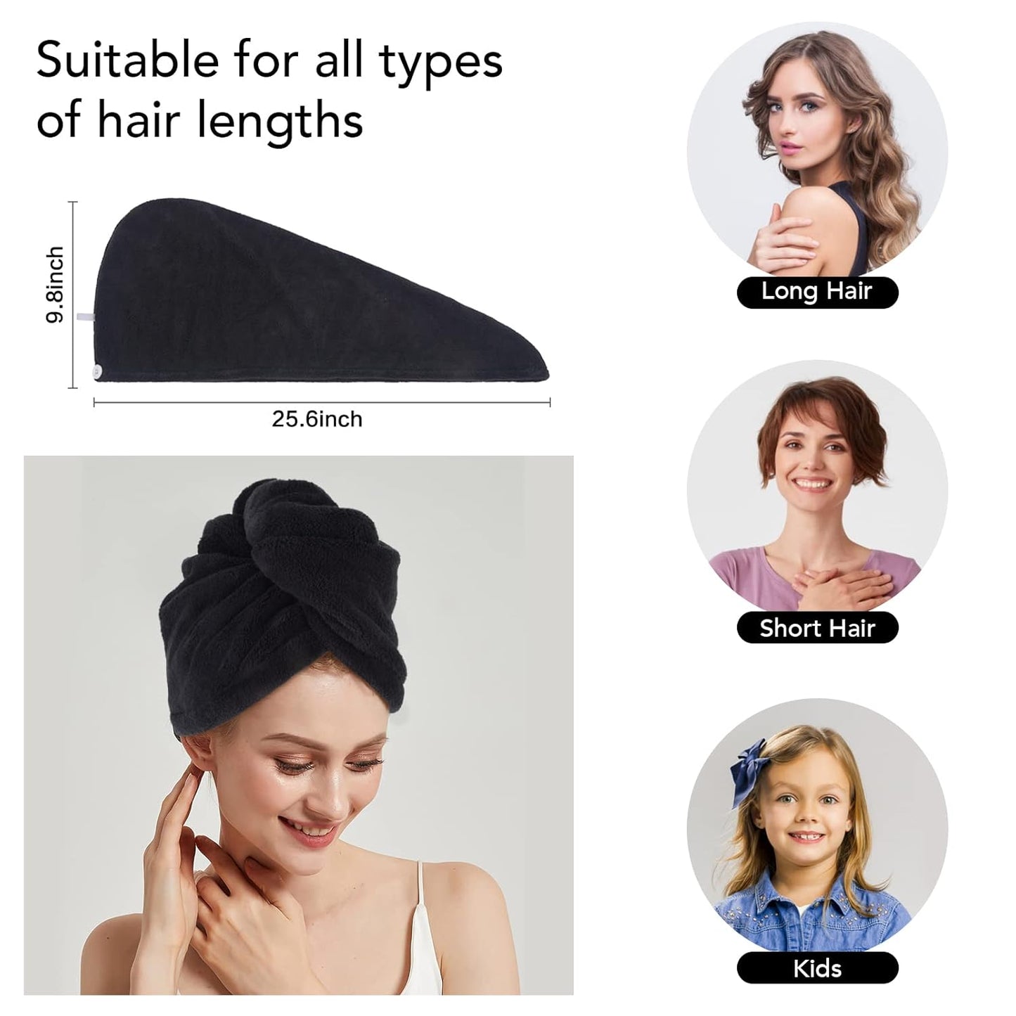 Microfiber Hair Drying Cap Hair Towel Turban Twist for Women Fast Drying Towels Head Turban Absorbent Soft Lightweight 3 Pack Black